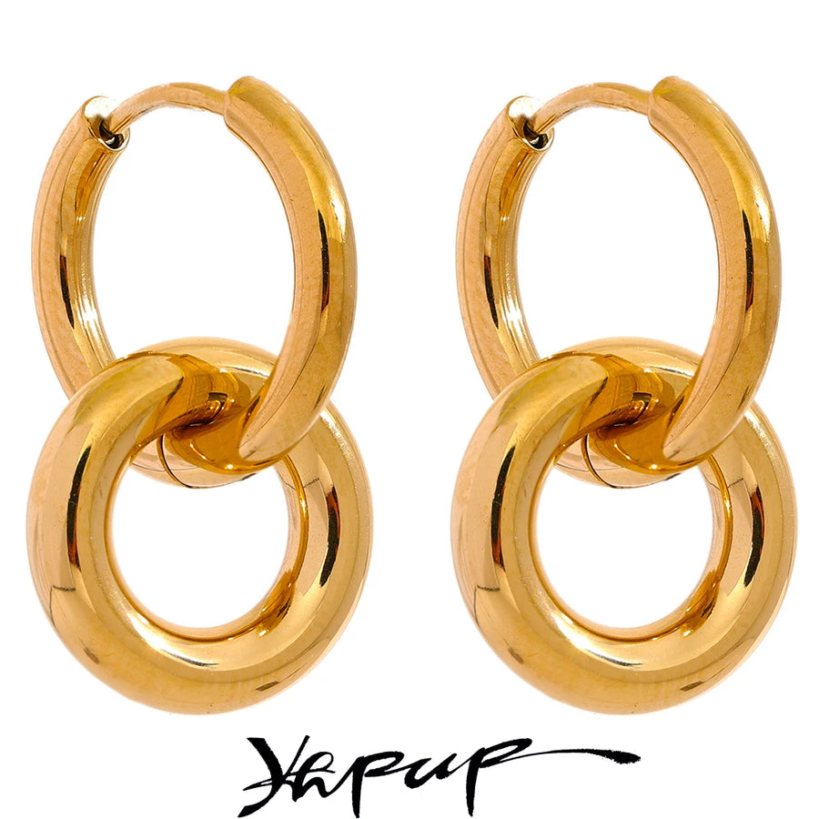 Yhpup Stainless Steel Round Hollow Drop Hoop Earrings Charm Metal 18K PVD Plated Waterproof High Quality Daily Jewelry Gift