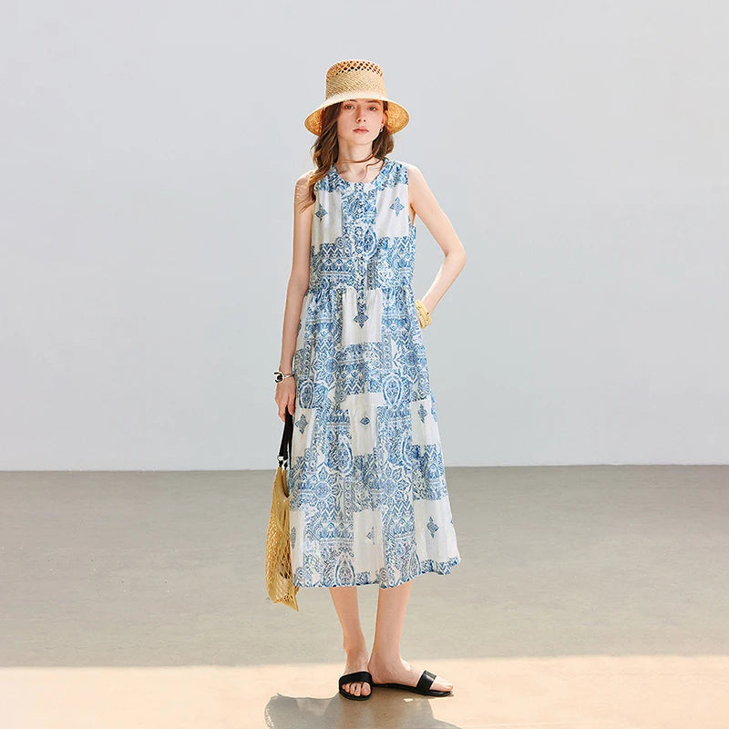 Vestido Midi Sem Manga em Liocel Bordado