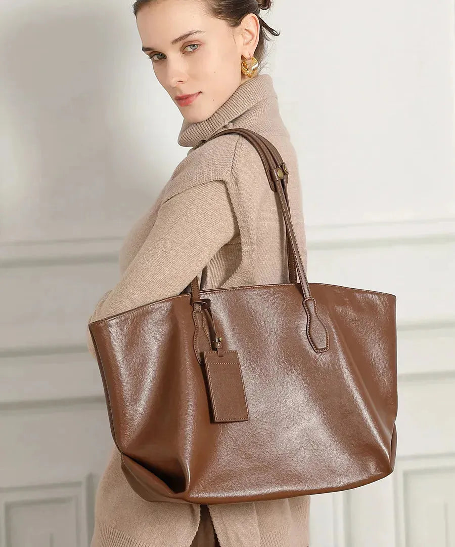 Bolsa Feminina de Couro Legítimo Grande Vintage Tote para Ombro