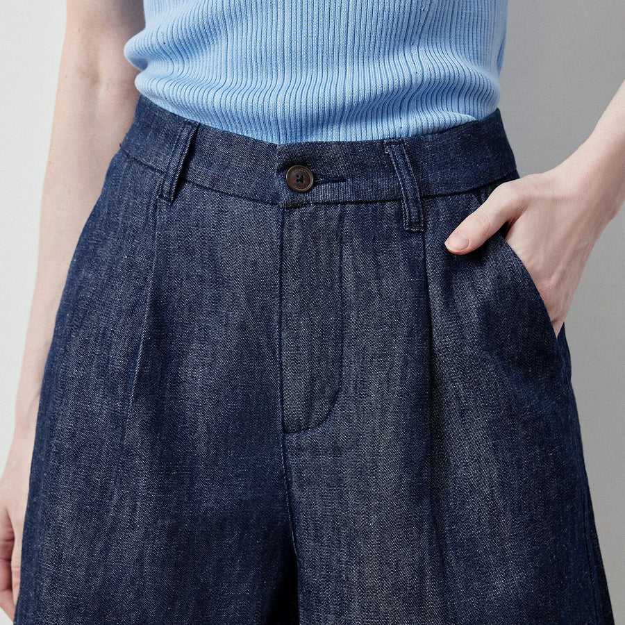 Shorts Jeans Feminino Algodão e Linho com Lavagem Vintage