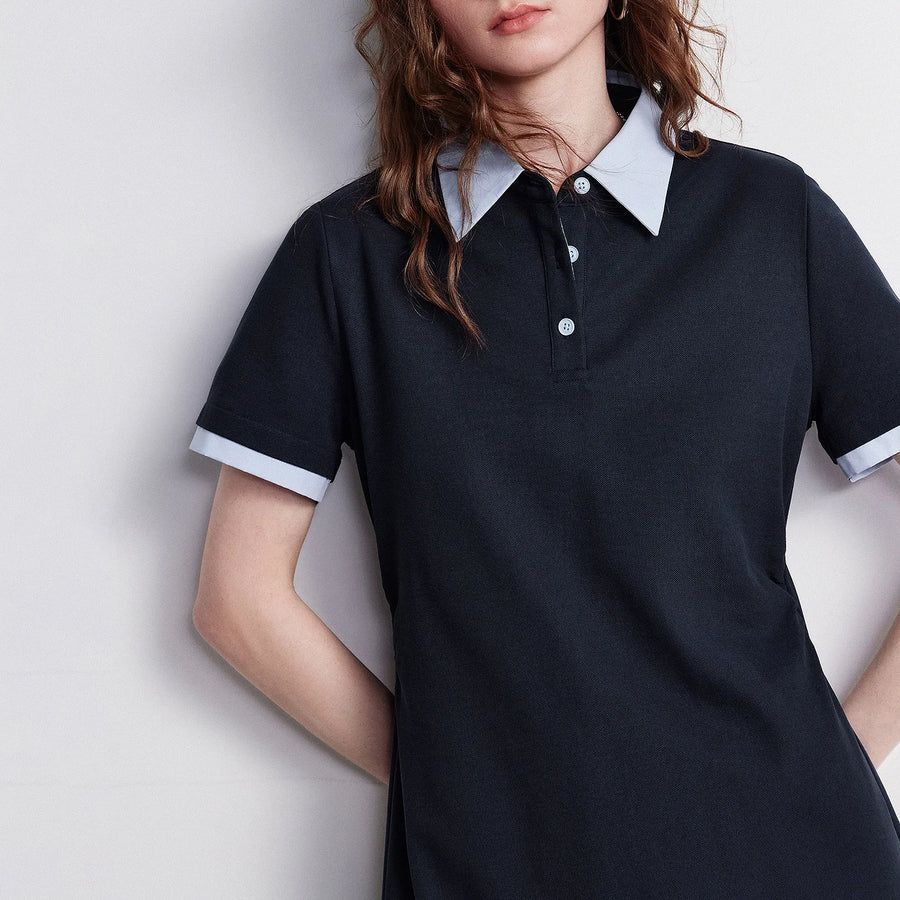 Vestido Polo Feminino Color Block com Saia Evasê