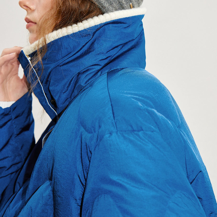 Jaqueta Puffer Feminina Curta 90% Plumas com Gola de Tricô