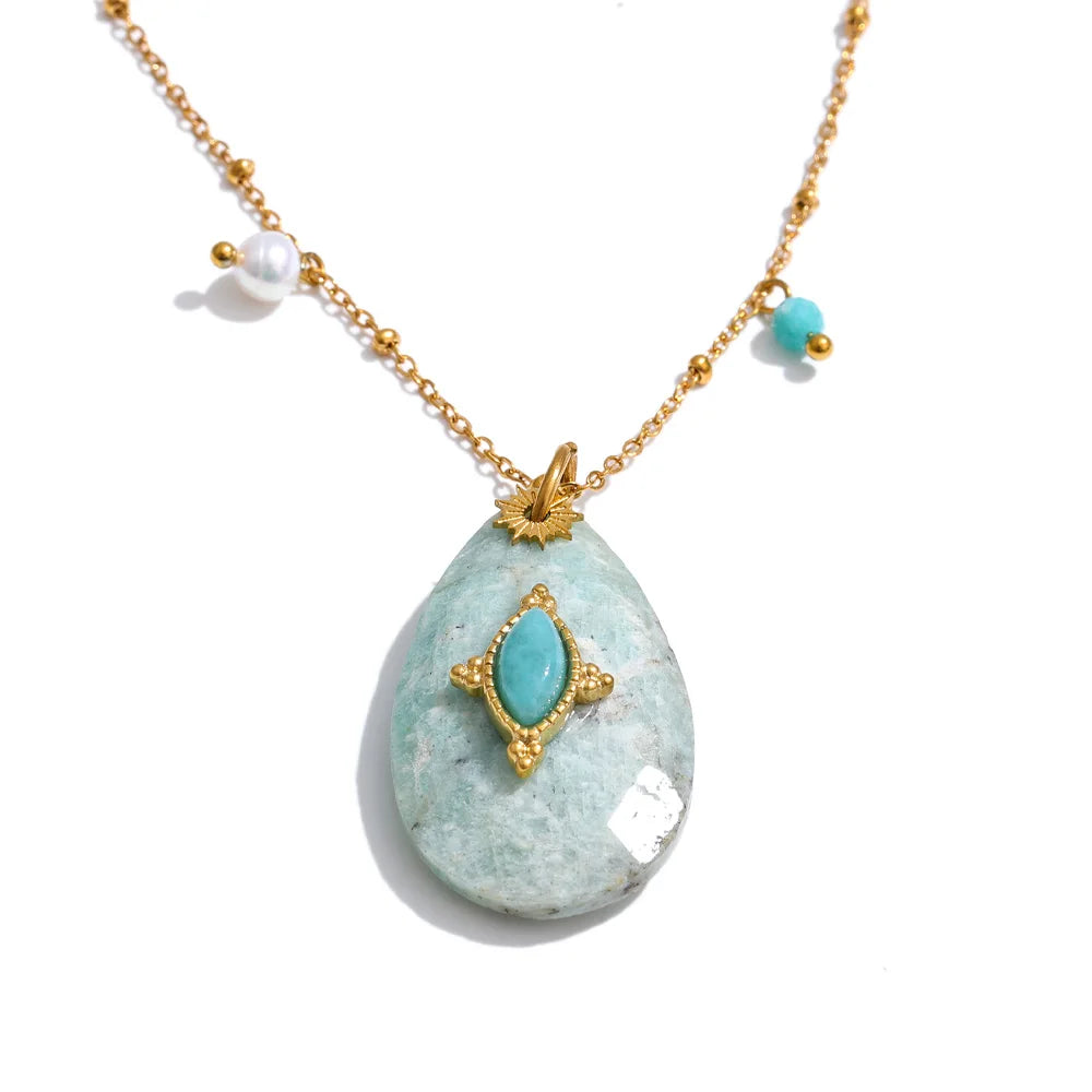 Yhpup 32mm Natural Stone Amazonite Tiger Aventurine Amethyst Drop Pendant Necklace for Women Stainless Steel France Jewelry Gift Amazonite