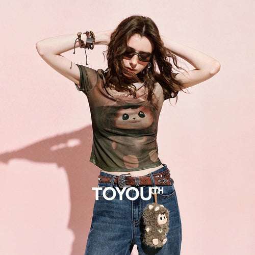 Camiseta Feminina Cropped de Tule com Estampa Urso