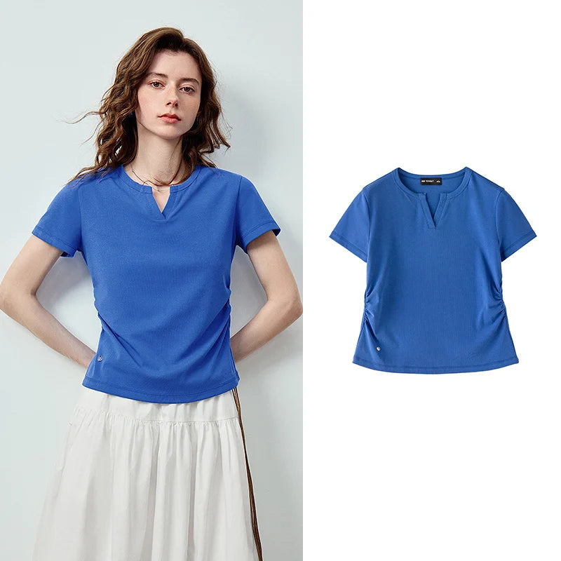 Camiseta Feminina Slim de Algodão com Decote V Franzido