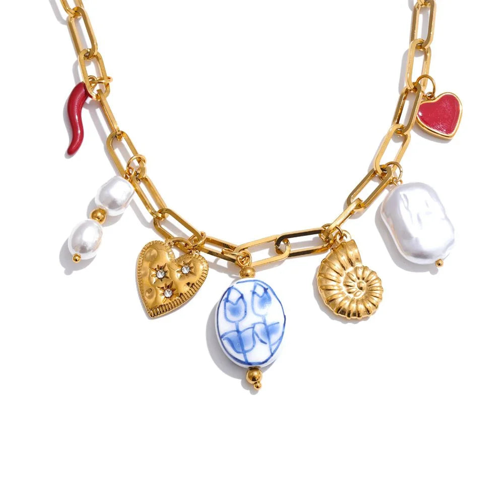 Colar Feminino Estrela com Pérola em Aço Inoxidável 2 YH1033A Flower