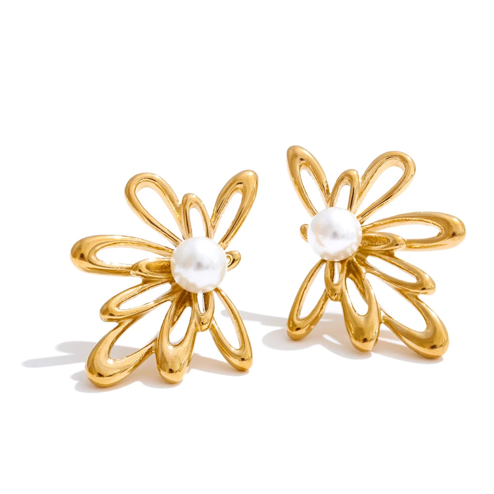 Brinco Pendente Flor com Pérola em Aço Inoxidável Ouro 4
