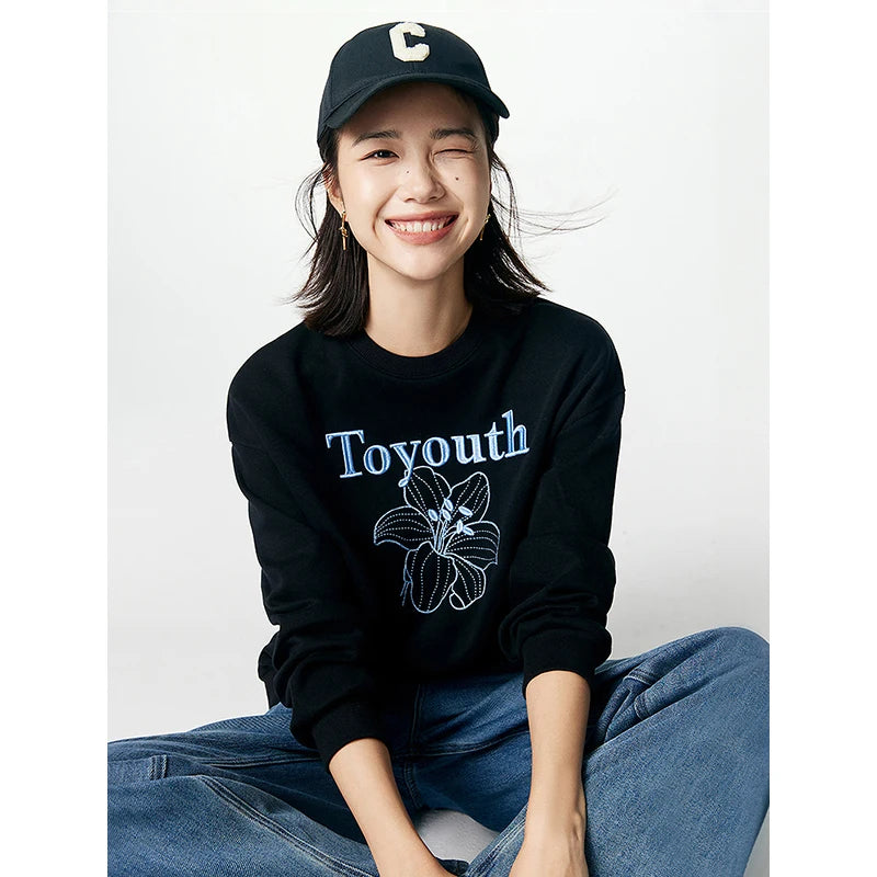 TOYOUTH Women Sweatshirt 2024 Autumn New Long Sleeve O Neck Letter Flower Embroidery Casual Comfort Five Colors Pullover Hoodies