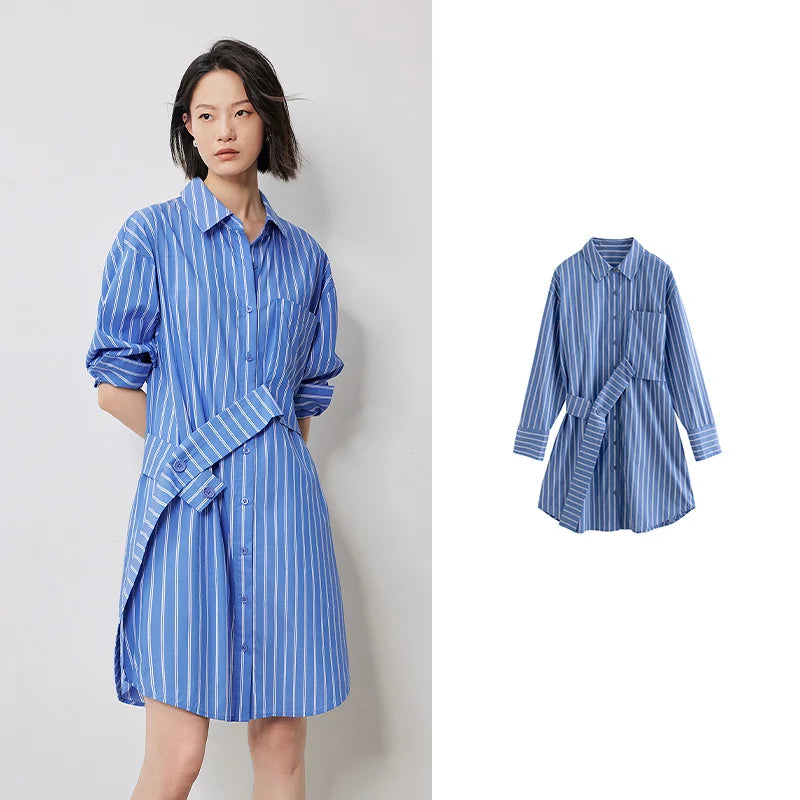 Vestido Chemise Curto Listrado Manga Longa