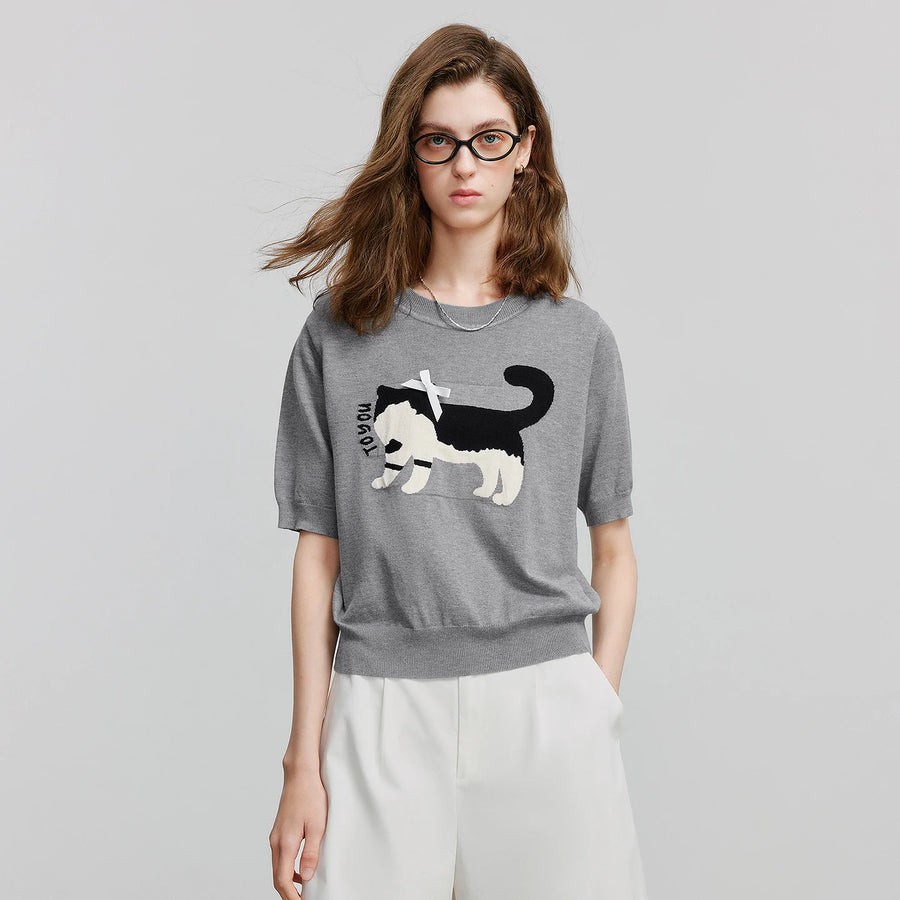 Blusa Feminina de Tricô Jacquard Gato com Laço