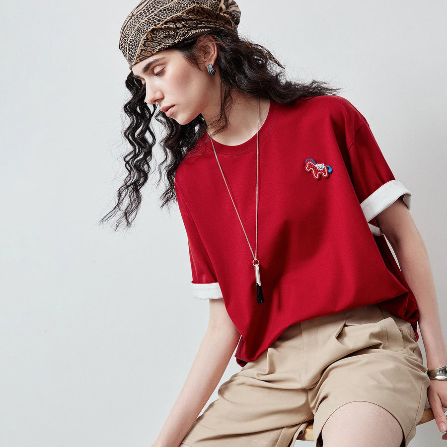 TOYOUTH Women's T Shirt 2026 Summer New Color Blocking Patchwork Short Sleeve Lyocell Pony Print Soft Unique Niche Top