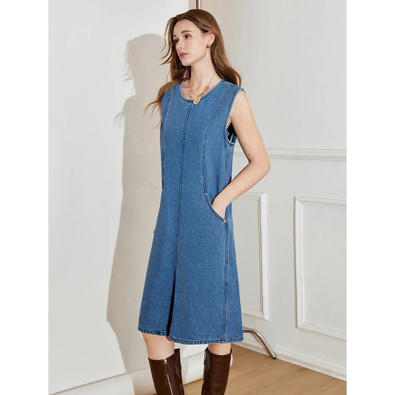 Vestido Jeans Midi Sem Manga com Amarração