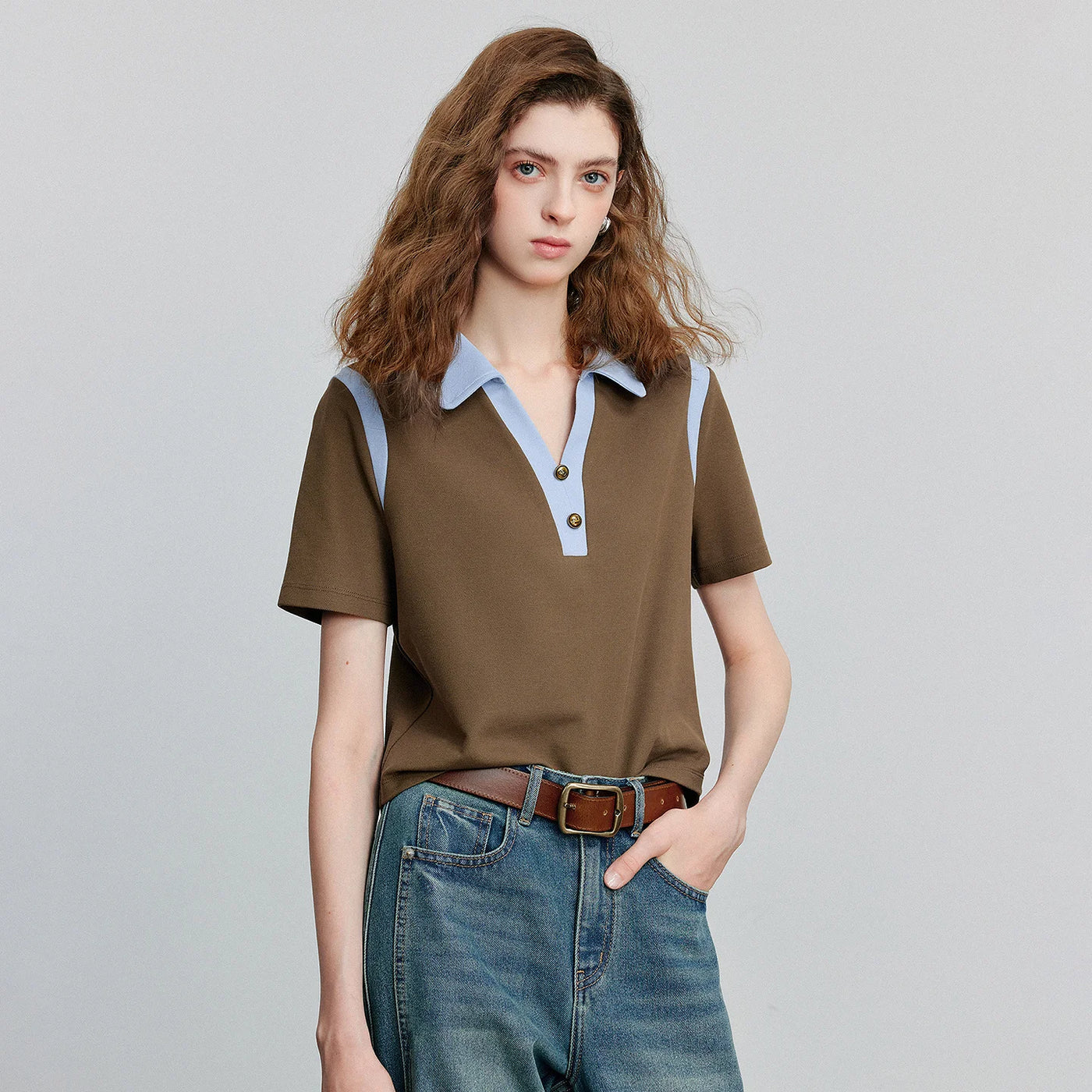 Camiseta Polo Feminina Color Block de Algodão Piquet