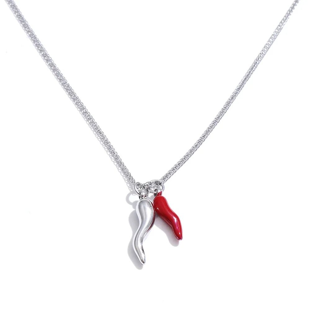 Yhpup Stainless Steel Enamel Red Chili Necklace Pendant Stylish Unique Chic Collar Jewelry Gold & Platinum PVD Plated Waterproof YH819A Platinum