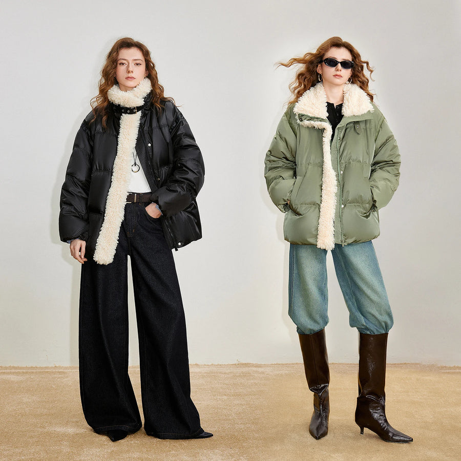Jaqueta Puffer Feminina 90% Plumas com Gola Alta de Pelo