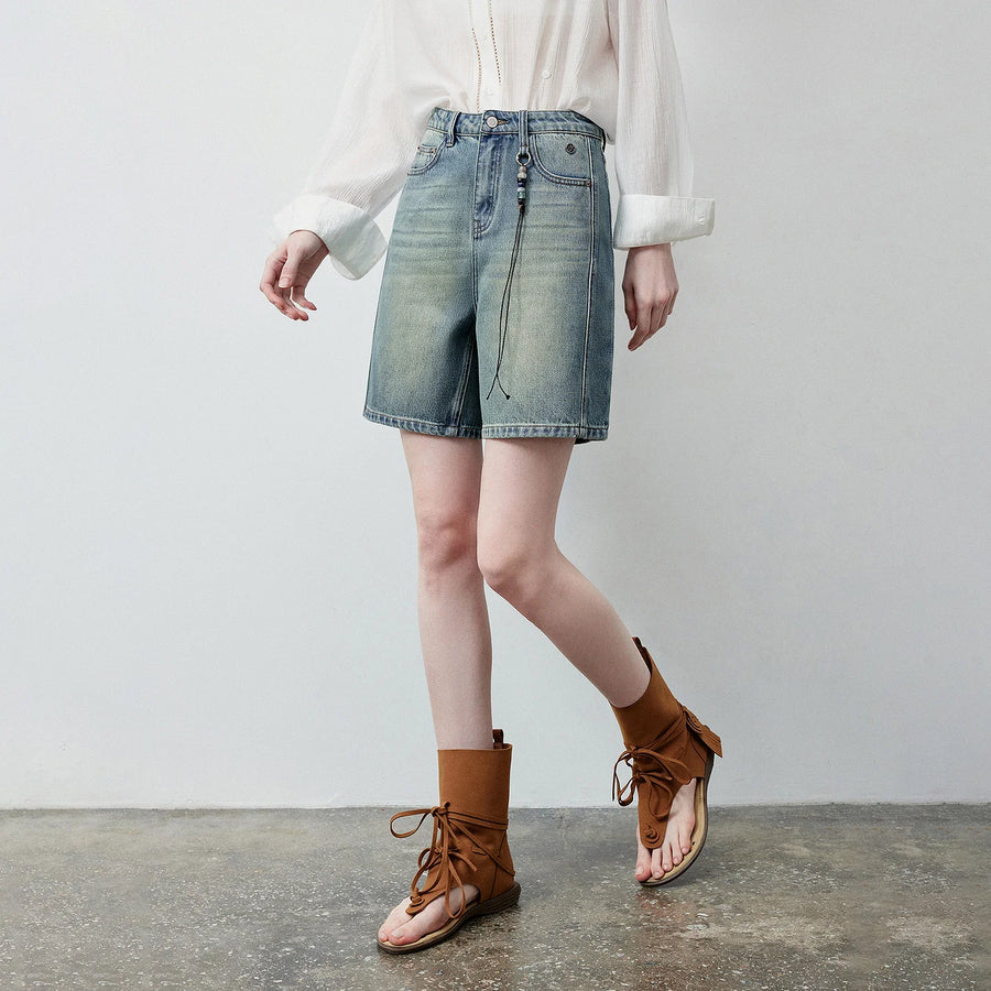 Shorts Jeans Feminino Wide Leg 100% Algodão com Pingente