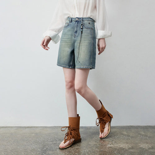 Shorts Jeans Feminino Wide Leg 100% Algodão com Pingente
