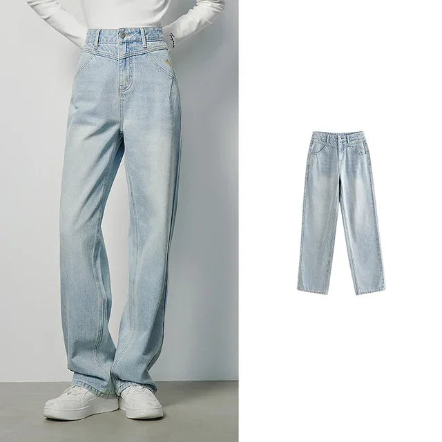 Calça Jeans Feminina Reta Cintura Alta com Bordado