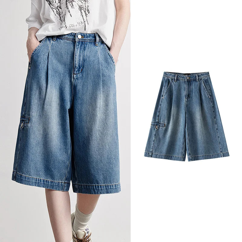 Bermuda Jeans Feminina Wide Leg com Bolsos