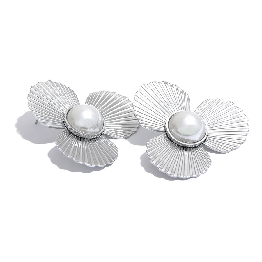 Brinco Pendente Flor com Pérola em Aço Inoxidável Ouro 3