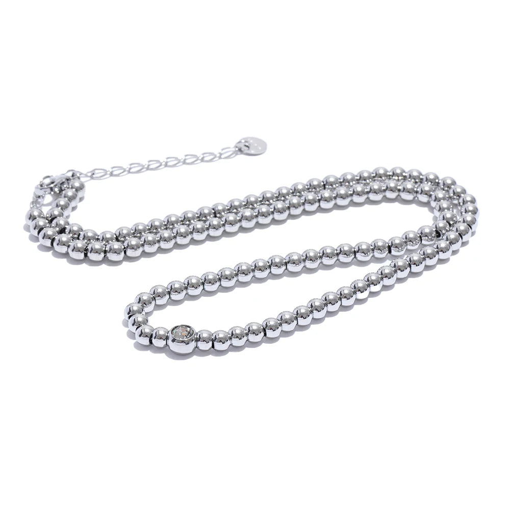 Yhpup High Quality 18K PVD Plated Round Beads Chain Handmade Necklace Water Resistant Stainless Steel Statement Jewelry YH3440A Platinum