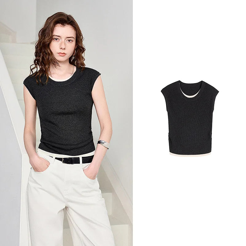 Blusa Feminina de Tricô Sem Mangas Efeito Duas Peças