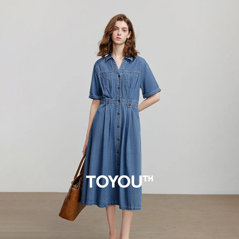 Vestido Chemise Midi Jeans com Bolsos