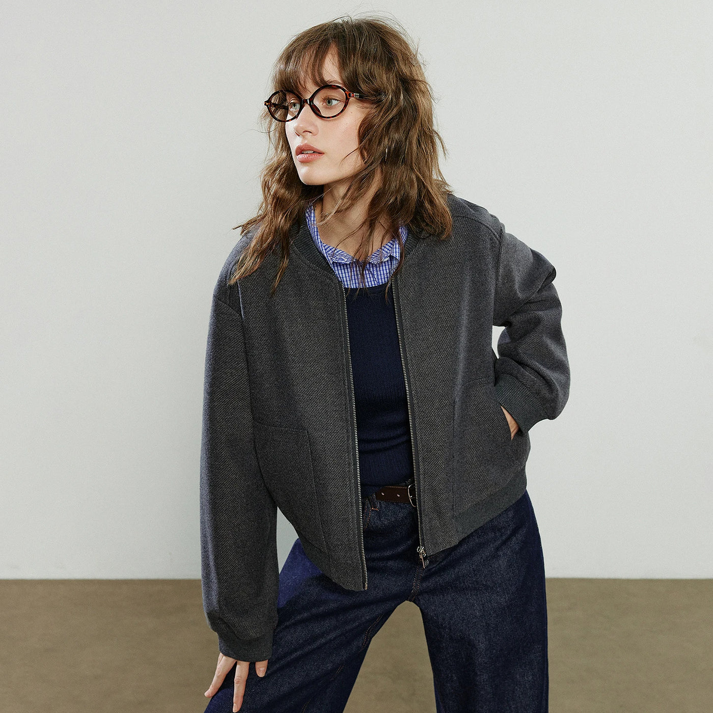 Jaqueta Bomber Feminina de Lã Cinza