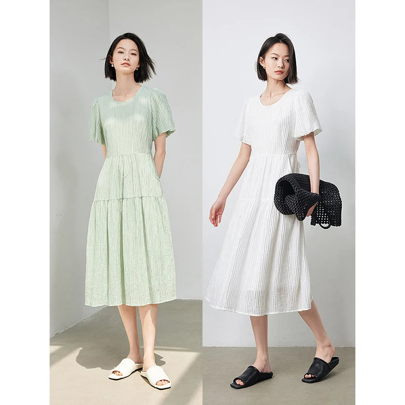 Vestido Midi Plissado com Manga Bufante