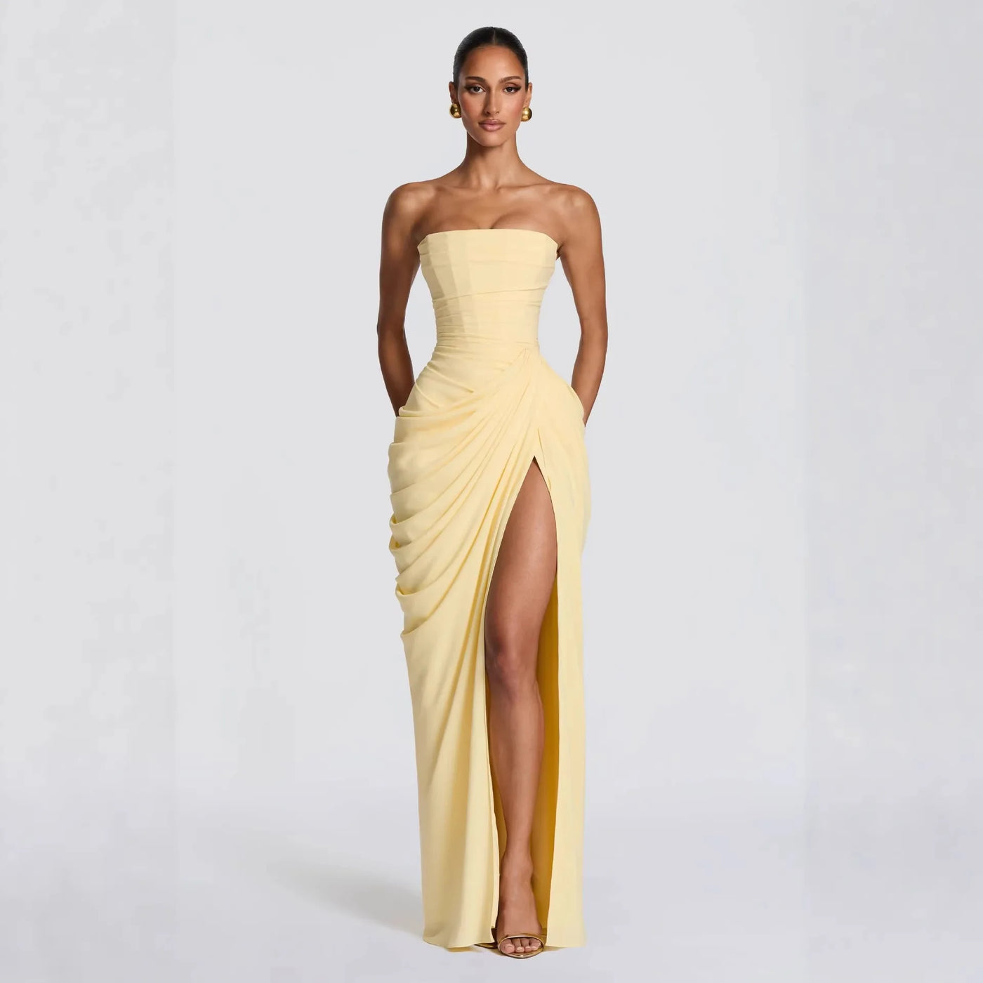 Vestido Longo Feminino Tomara que Caia com Drapeado e Fenda Yellow