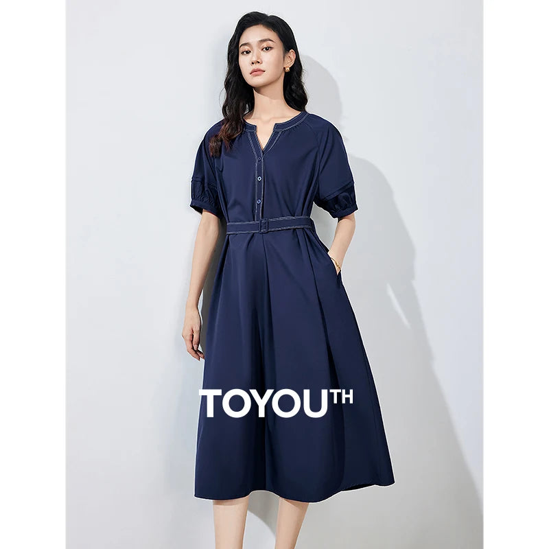 Vestido Midi com Decote V e Manga Bufante