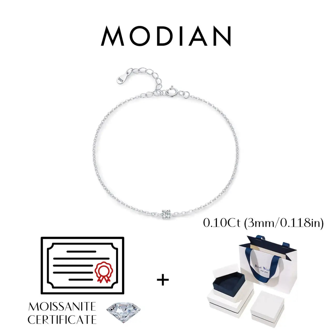 MODIAN D Color Moissanite Bracelet 925 Sterling Silver Classic Minimalist Daily Link Chain Bracelet For Women Fine Jewelry Luxury Box 0.1CT