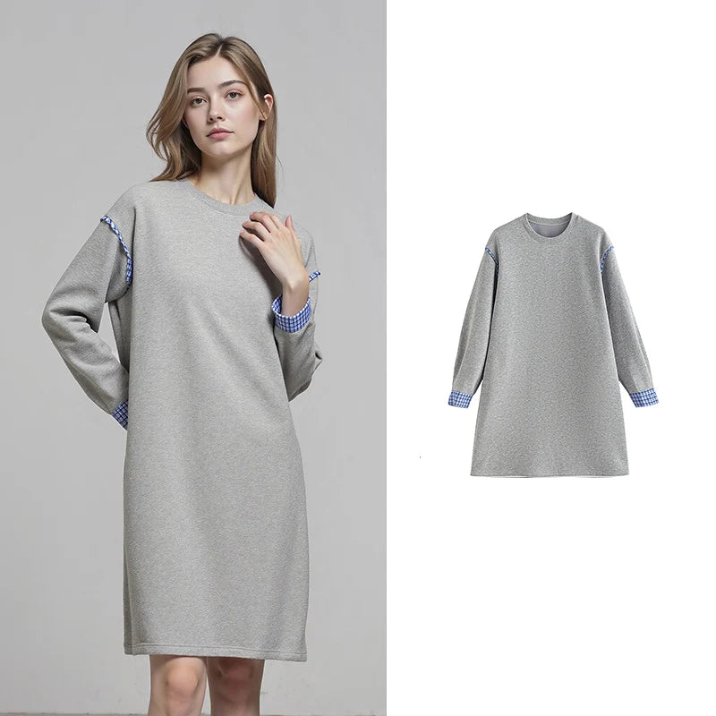 Vestido Moletom Midi Cinza com Xadrez e Forro Quente gray