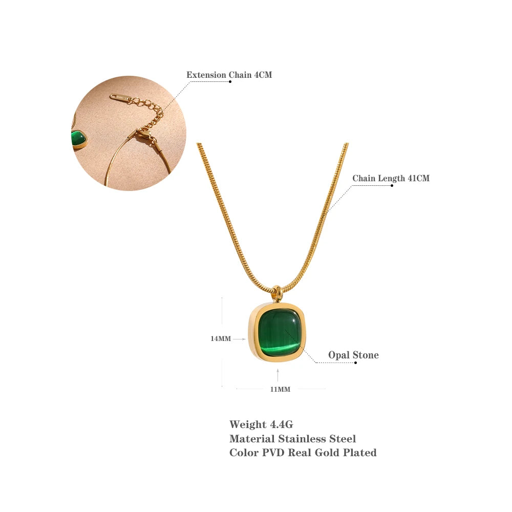 Yhpup Square Green Opal Stone Pendant Drop Dangle Necklace for Women Charm Jewelry Minimalist Geometric Stainless Steel Necklace