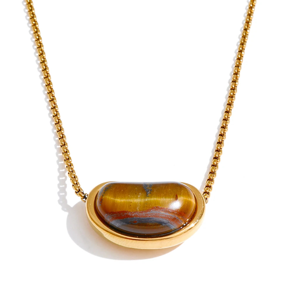 Yhpup Natural Tiger Stone Oval Pendant Necklace ( chain crossing pendant ) Stainless Steel Collar Jewelry Waterproof Wholesale YH392A Gold