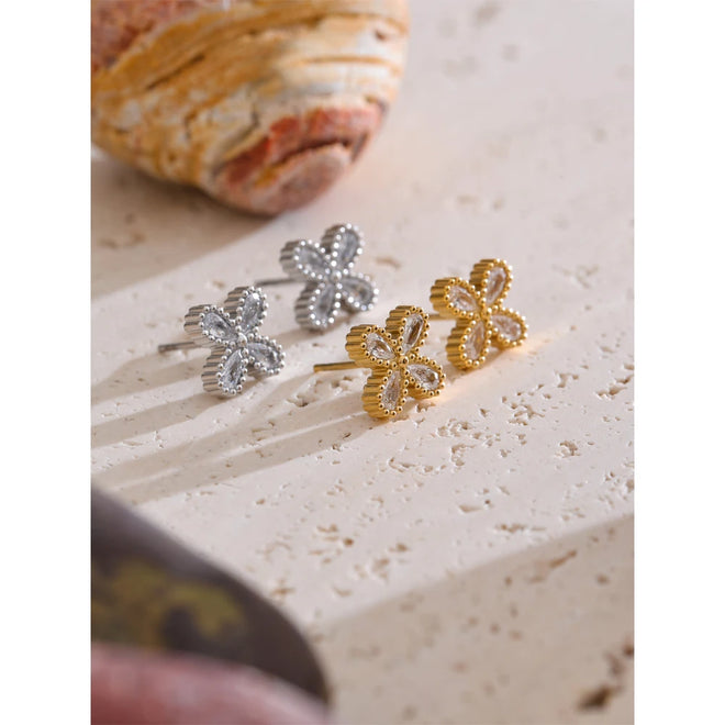Yhpup Bling Cubic Zirconia Flower Small Stud Earrings Waterproof Stainless Steel Cast Quality Versatile Daily Delicate Jewelry