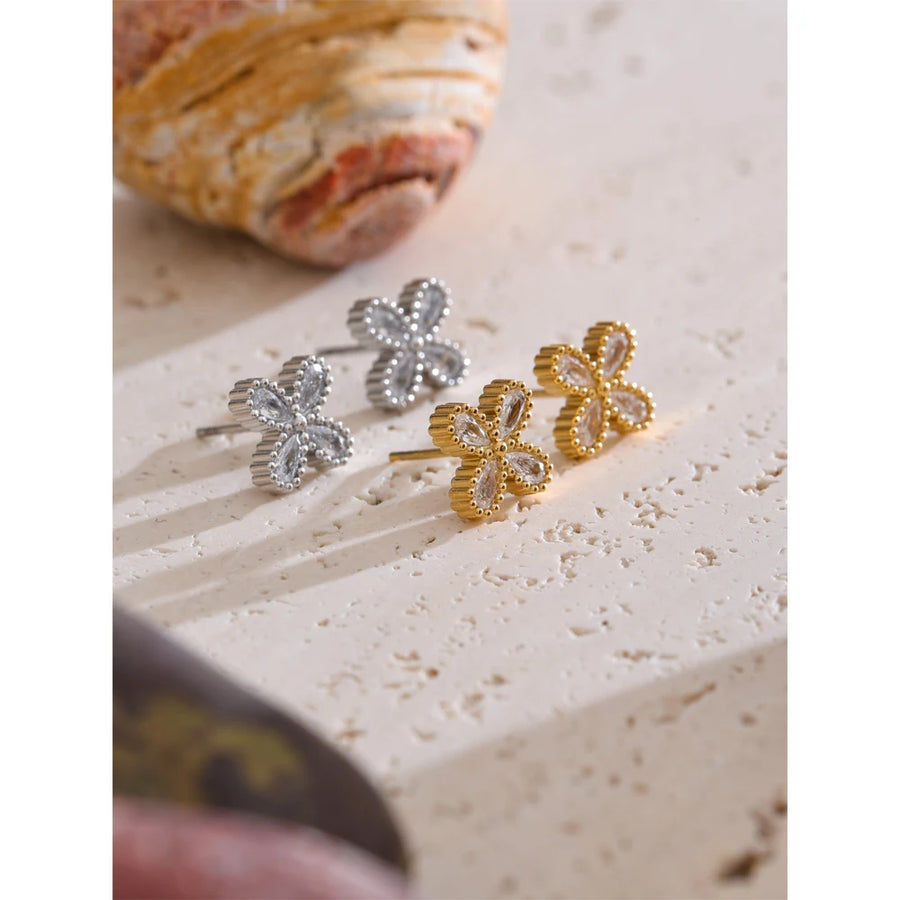 Yhpup Bling Cubic Zirconia Flower Small Stud Earrings Waterproof Stainless Steel Cast Quality Versatile Daily Delicate Jewelry
