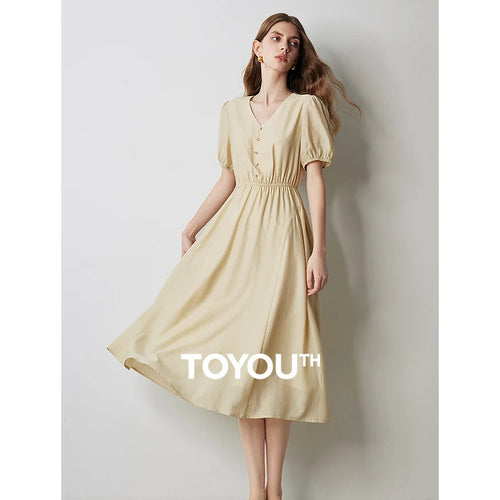 Vestido Midi com Decote V e Manga Bufante Acetinado