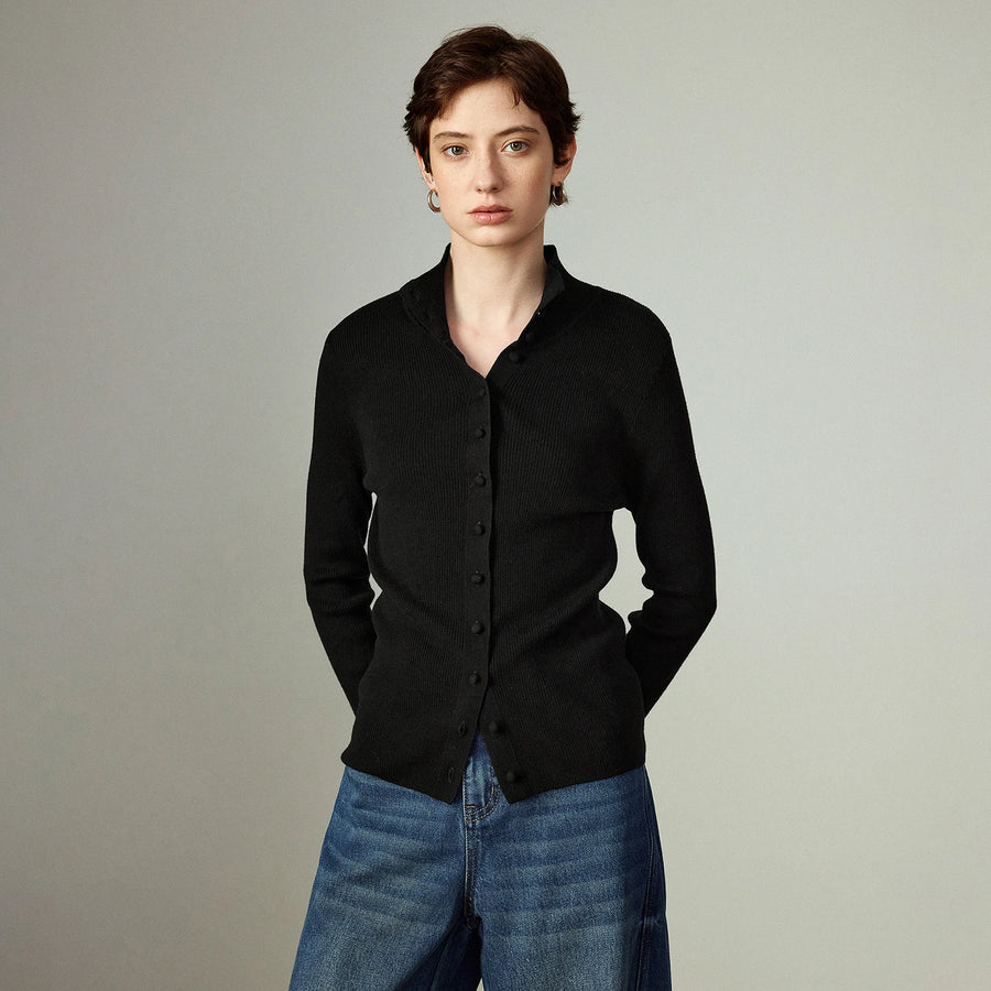 Cardigan Feminino de Lã Assimétrico com Gola Alta