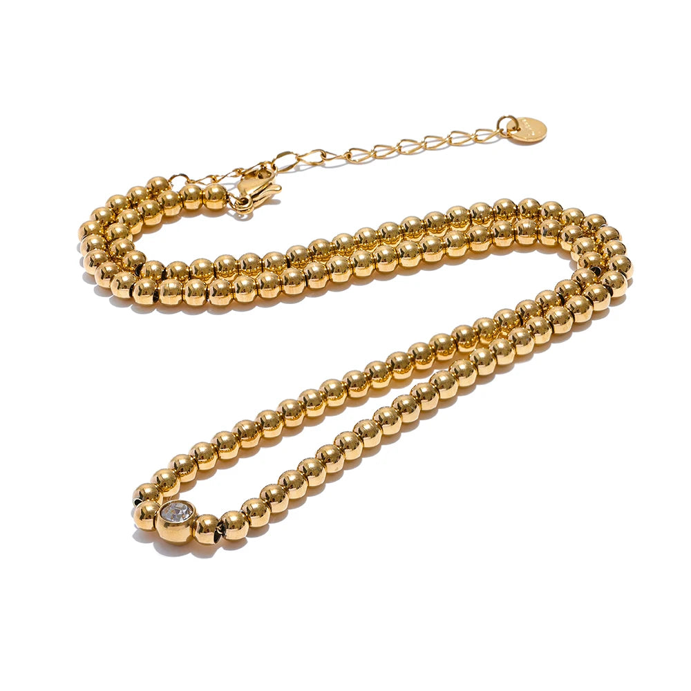 Yhpup High Quality 18K PVD Plated Round Beads Chain Handmade Necklace Water Resistant Stainless Steel Statement Jewelry YH3439A Gold