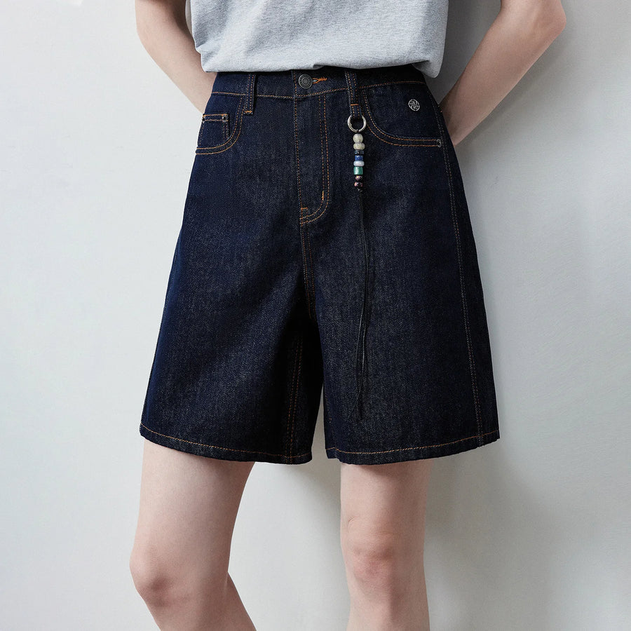 Shorts Jeans Feminino Wide Leg 100% Algodão com Pingente