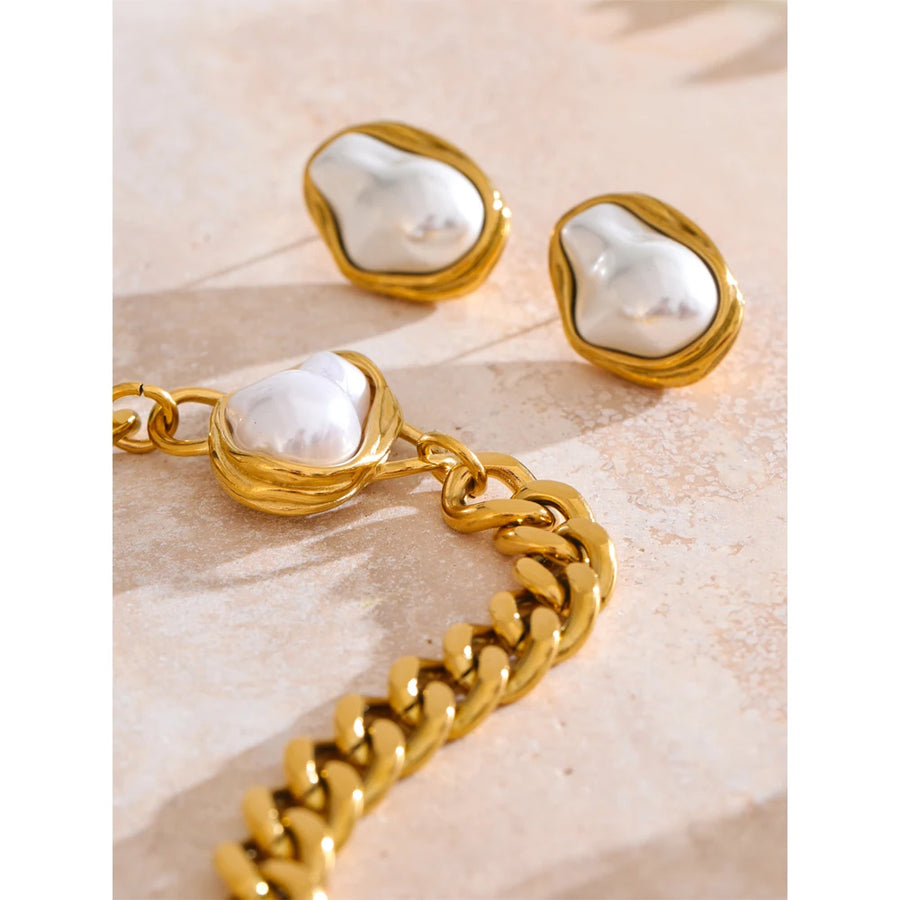 Yhpup Popular Baroque Simulated Pearls Golden Cuban Chain Necklace Earrings Vintage Stainless Steel Elegance Jewelry Gift