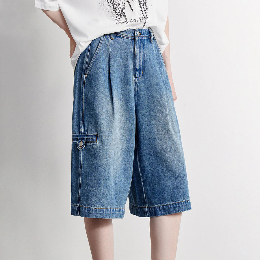 Bermuda Jeans Feminina Wide Leg com Bolsos