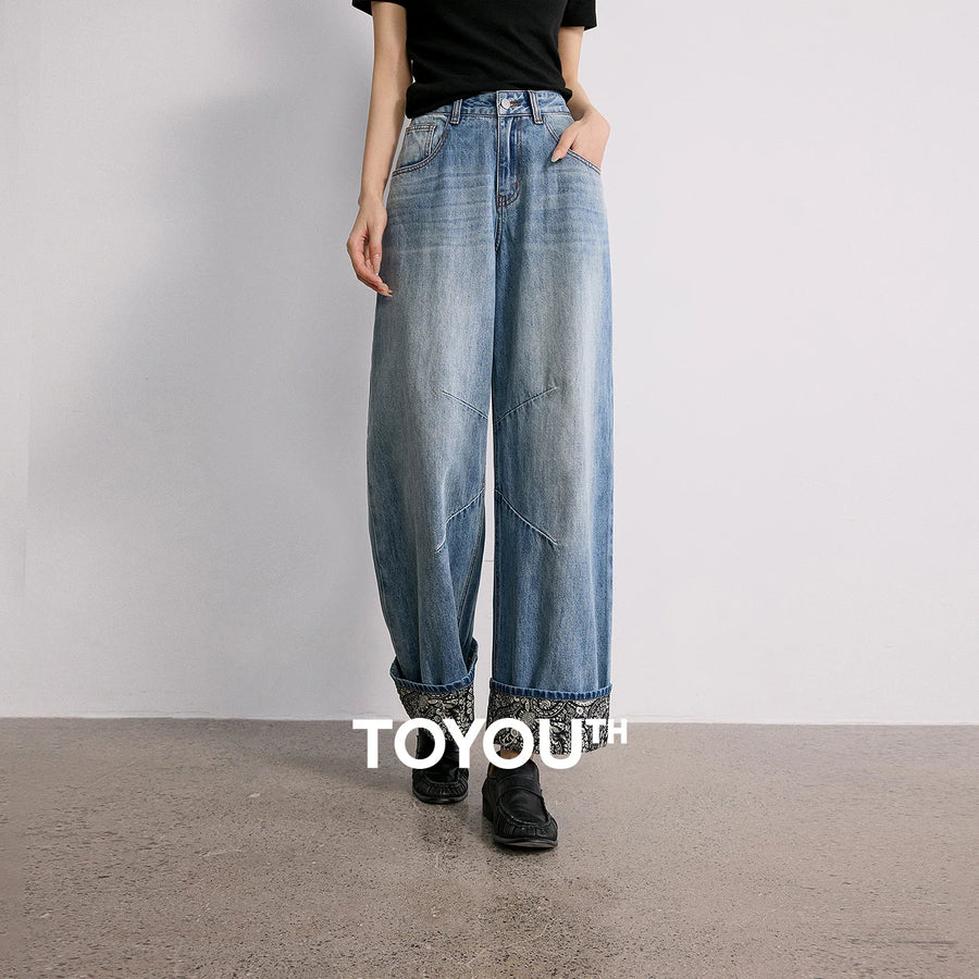 Calça Jeans Feminina Wide Leg Estampada Cintura Alta