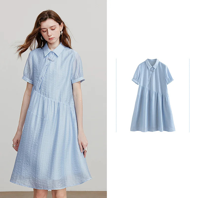 Vestido de Liocel Curto com Botões e Gola Camisaria Sky Blue