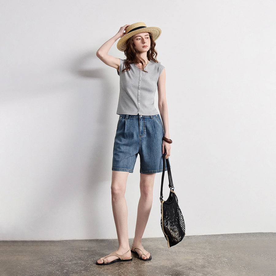 Blusa Feminina Ice Silk Slim com Decote V e Botões