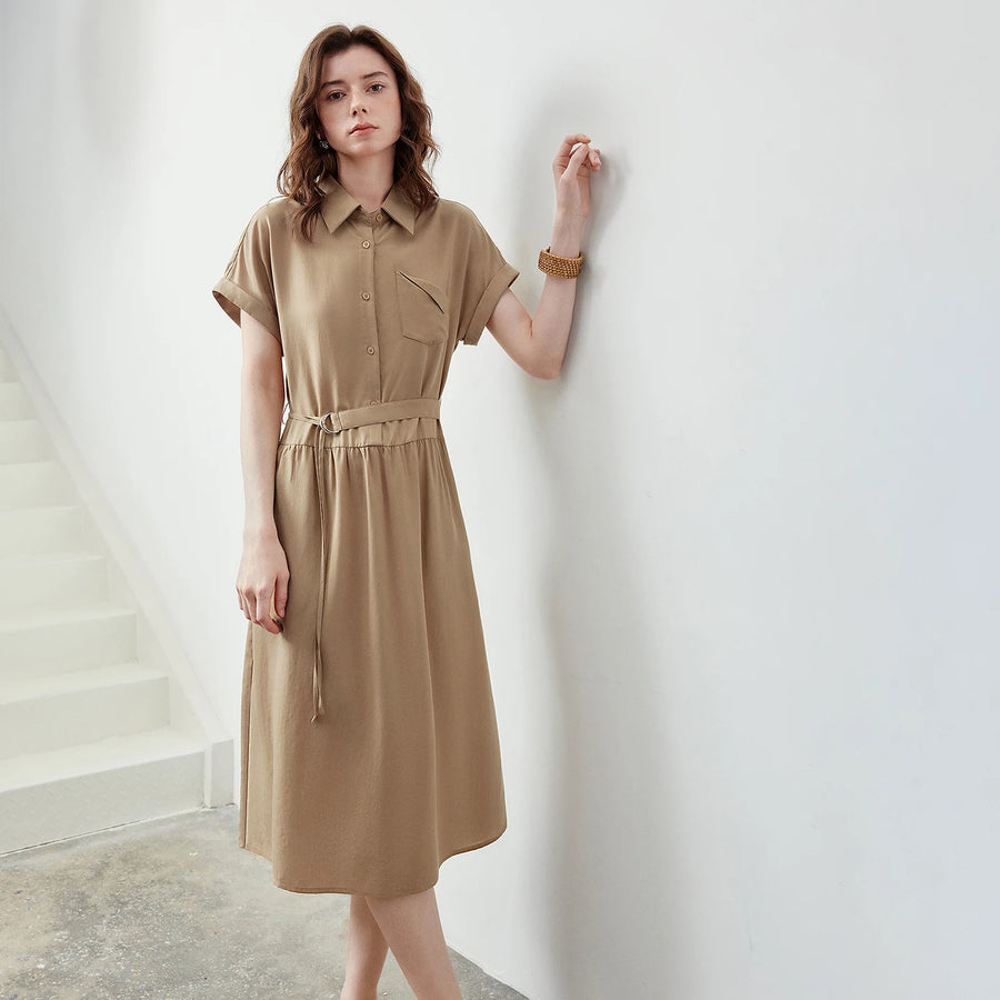 Vestido Chemise Midi em Liocel com Bolsos