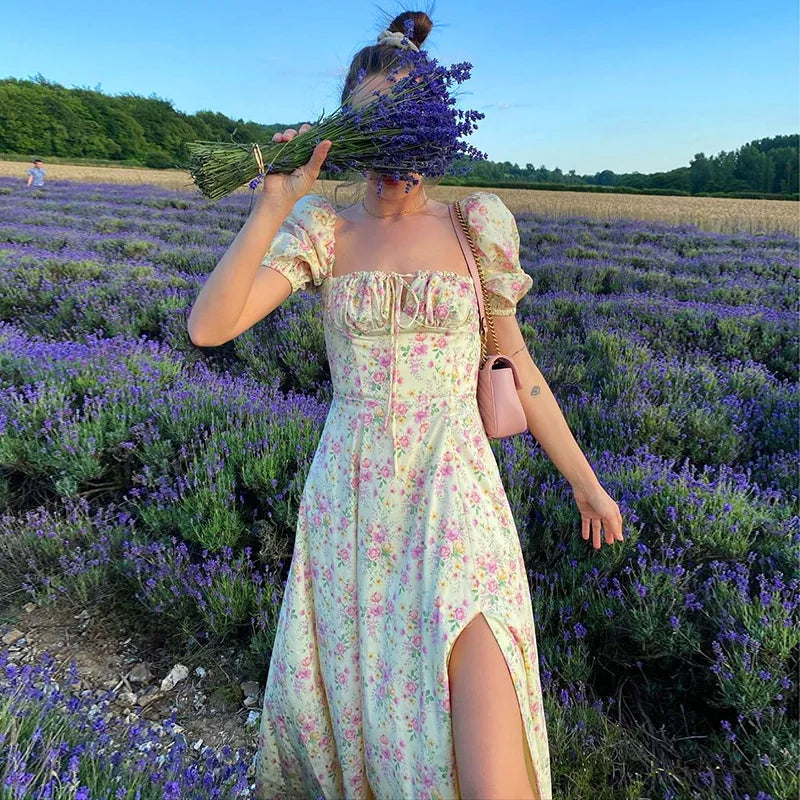 Vestido Midi Feminino Floral Cottagecore com Mangas Bufantes