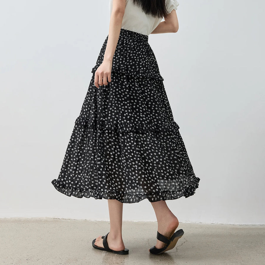 Saia Midi Feminina Floral em Camadas Patchwork