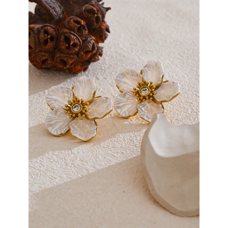 Brinco Flor com Resina Aço Inoxidável Ouro de Pino